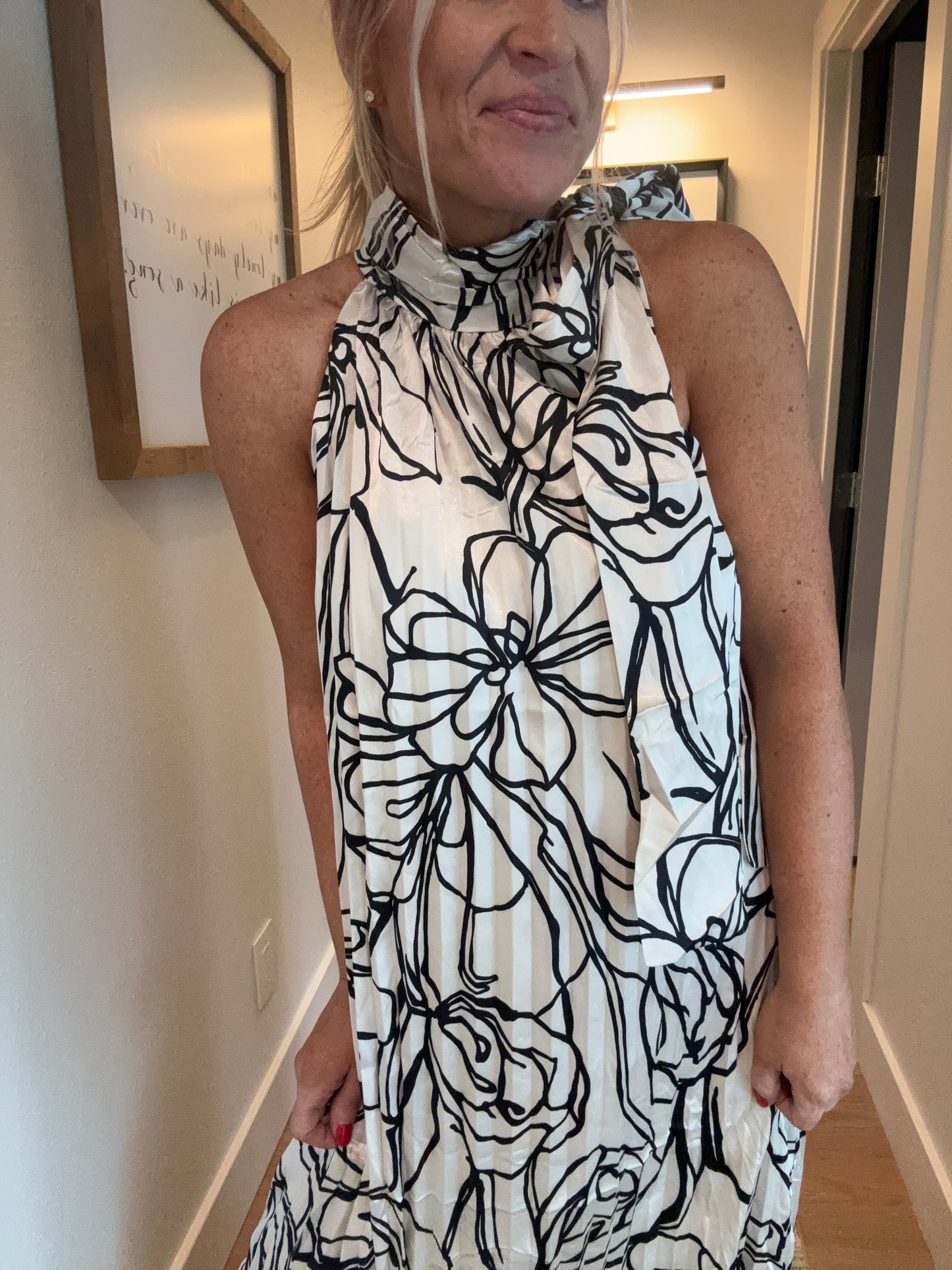 Pleated Floral Halter Satin Maxi Dress