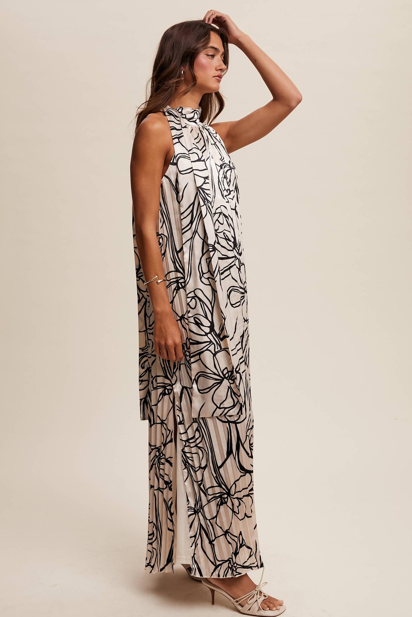 Pleated Floral Halter Satin Maxi Dress