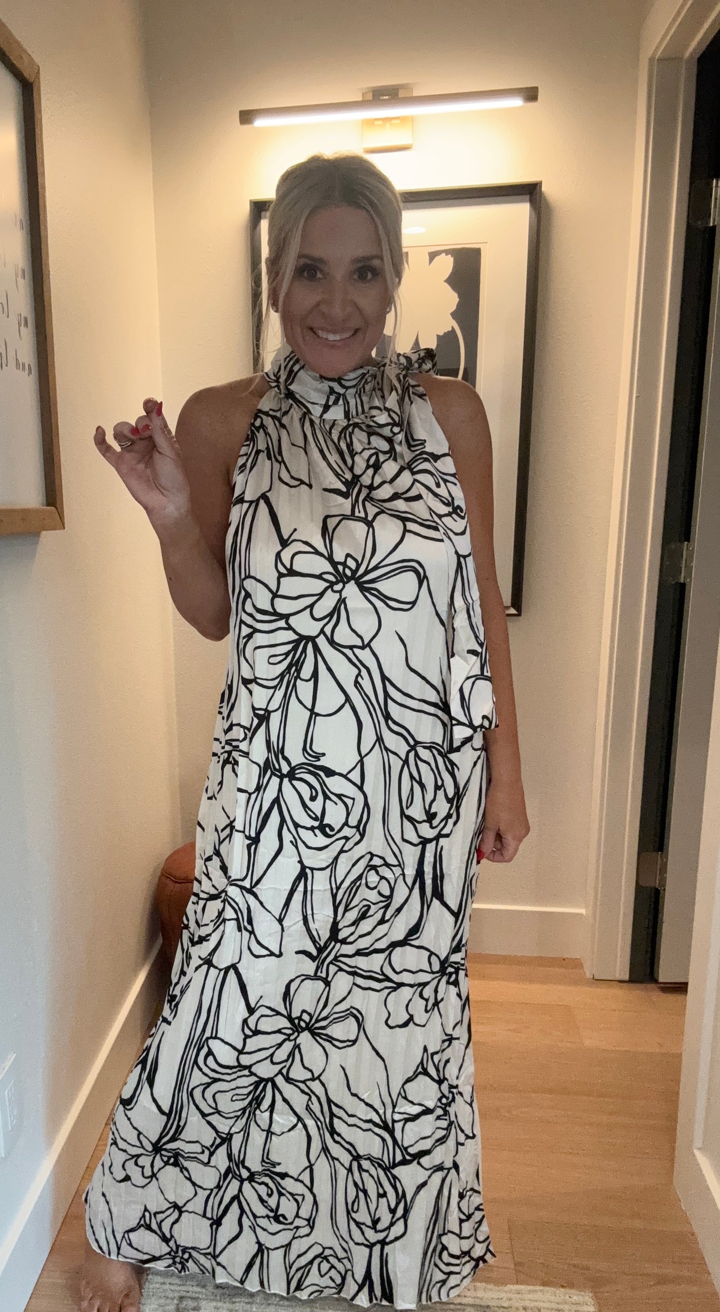 Pleated Floral Halter Satin Maxi Dress