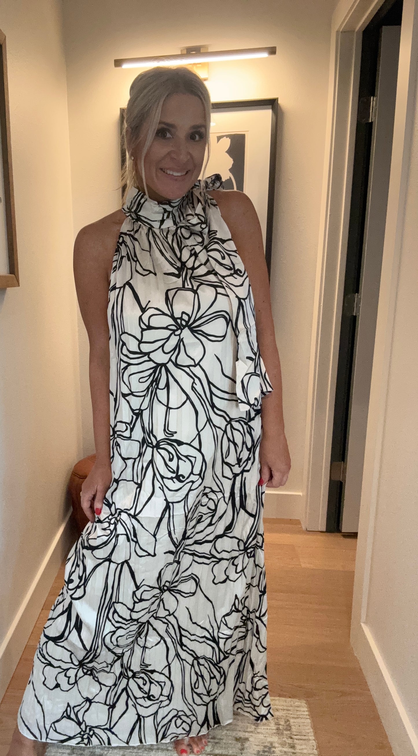 Pleated Floral Halter Satin Maxi Dress