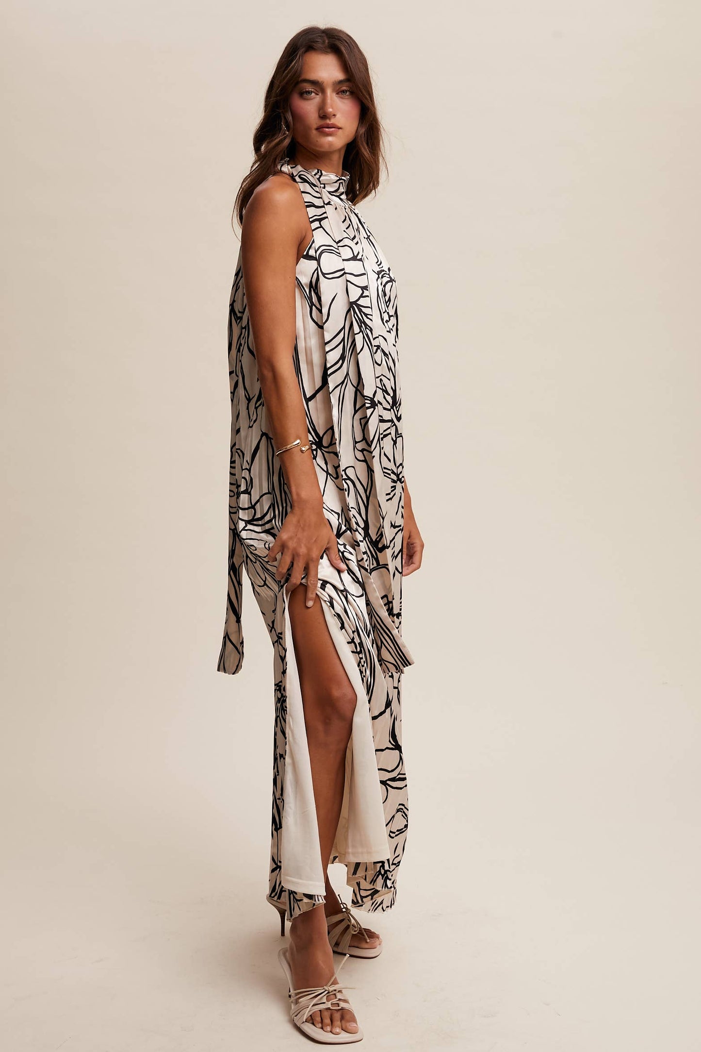 Pleated Floral Halter Satin Maxi Dress