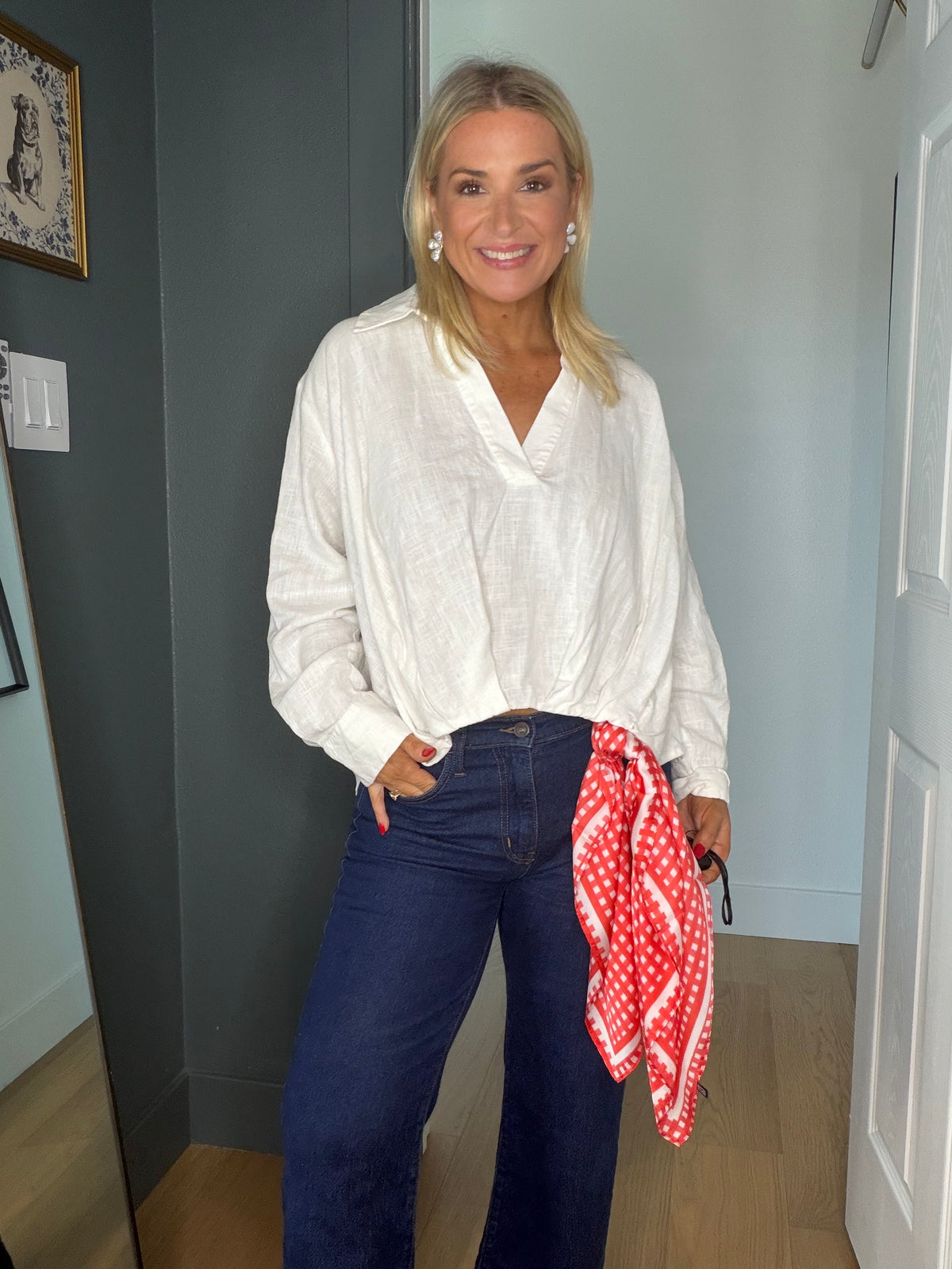 French Picnic Red Gingham Satin Silk Square Scarf