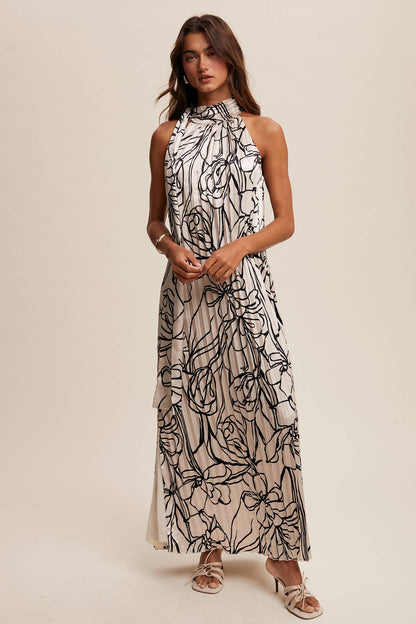 Pleated Floral Halter Satin Maxi Dress