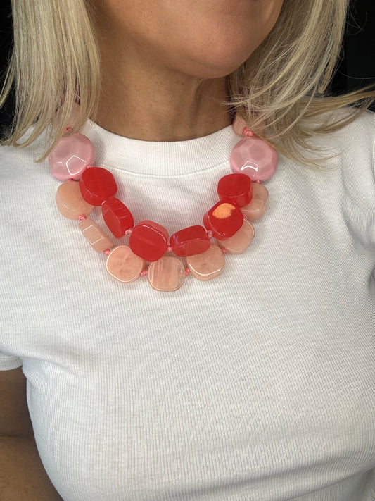 Bead Pink Marbled Geometric Chunky Necklace