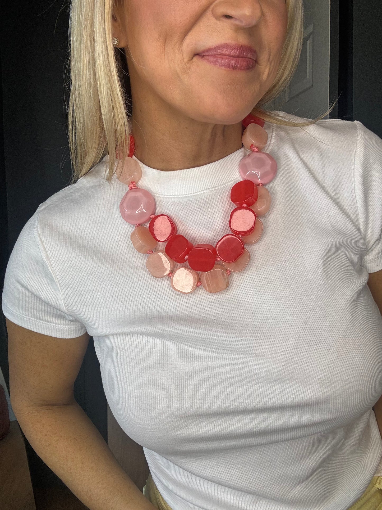 Bead Pink Marbled Geometric Chunky Necklace