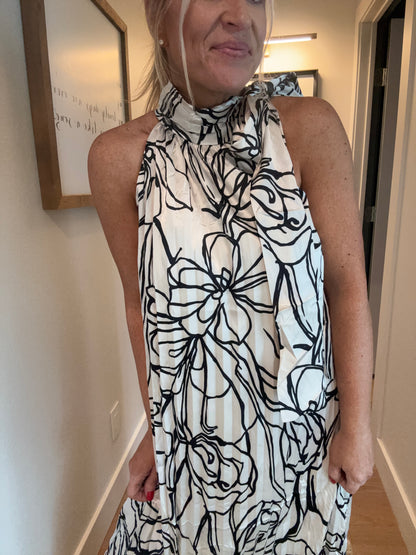 Pleated Floral Halter Satin Maxi Dress