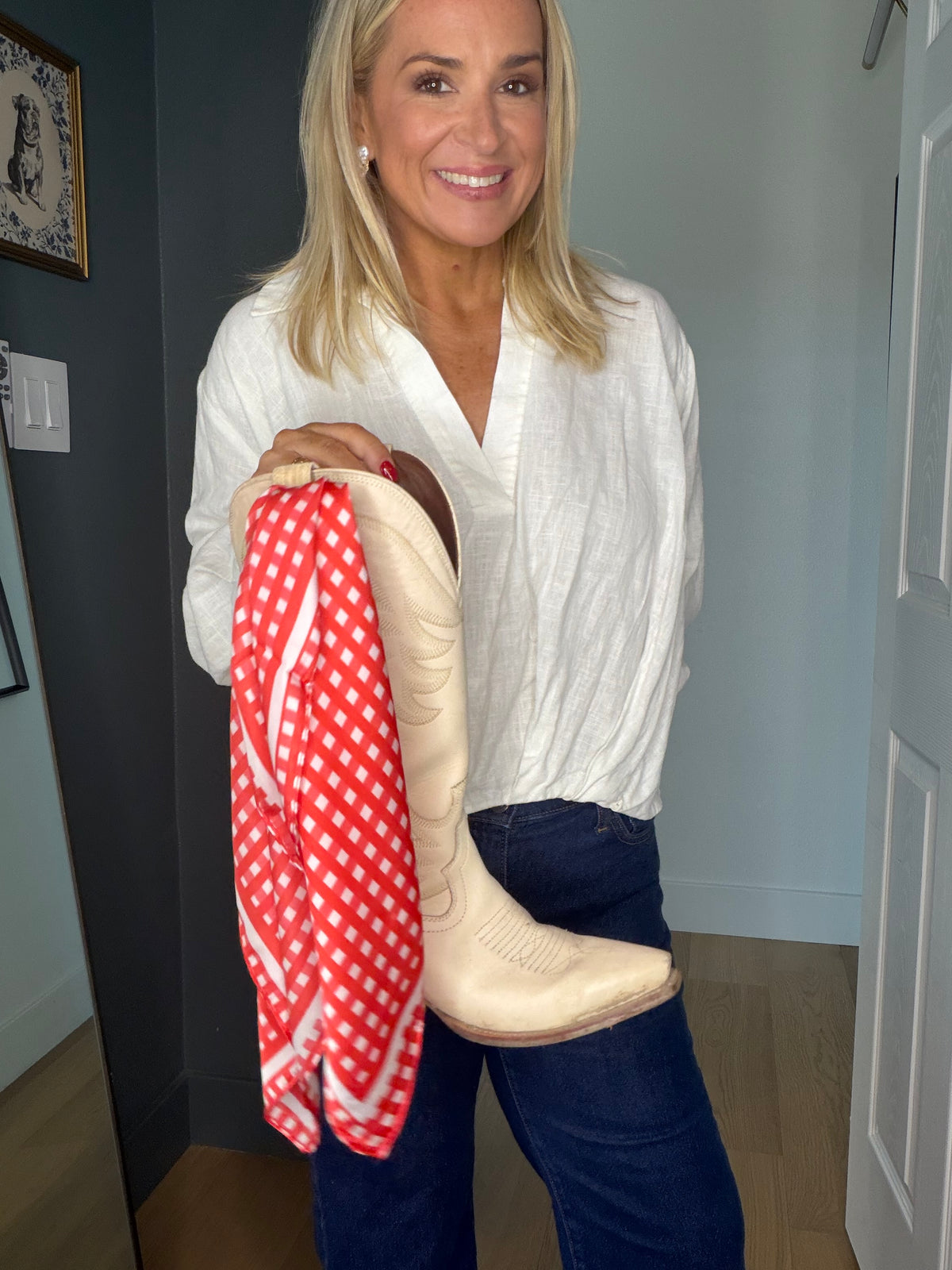 French Picnic Red Gingham Satin Silk Square Scarf