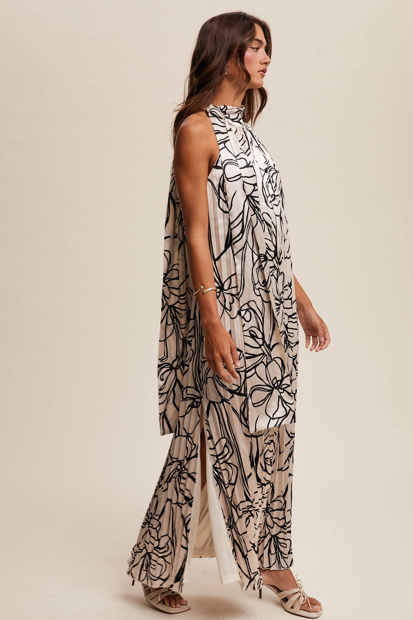 Pleated Floral Halter Satin Maxi Dress