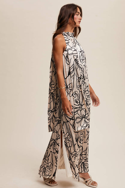 Pleated Floral Halter Satin Maxi Dress