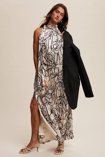 Pleated Floral Halter Satin Maxi Dress