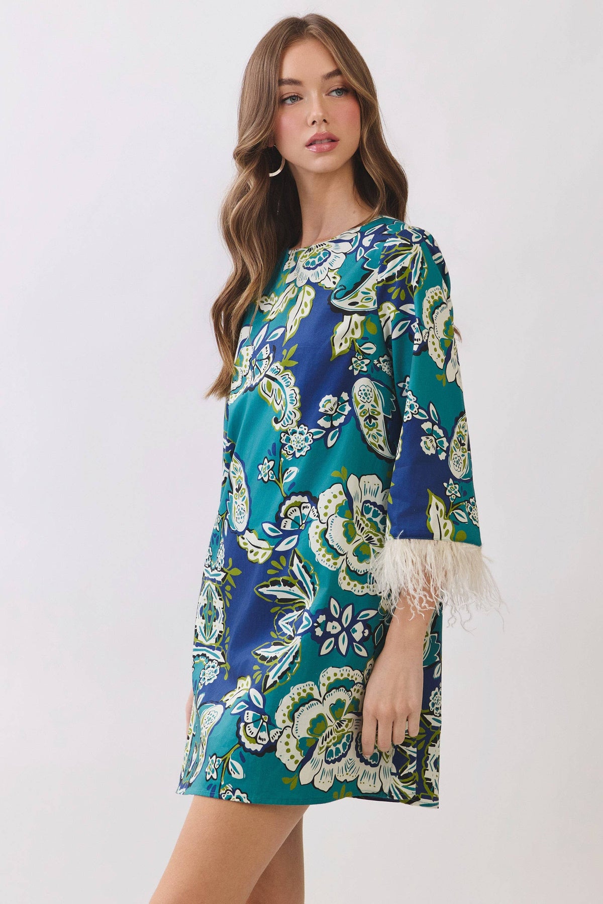 Feather Trim Mini Dress