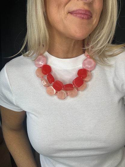 Bead Pink Marbled Geometric Chunky Necklace