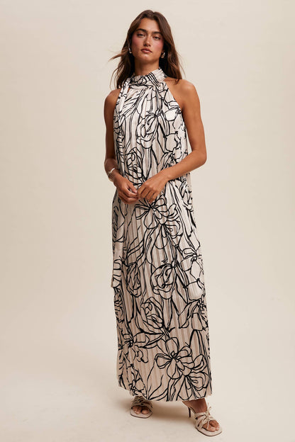 Pleated Floral Halter Satin Maxi Dress