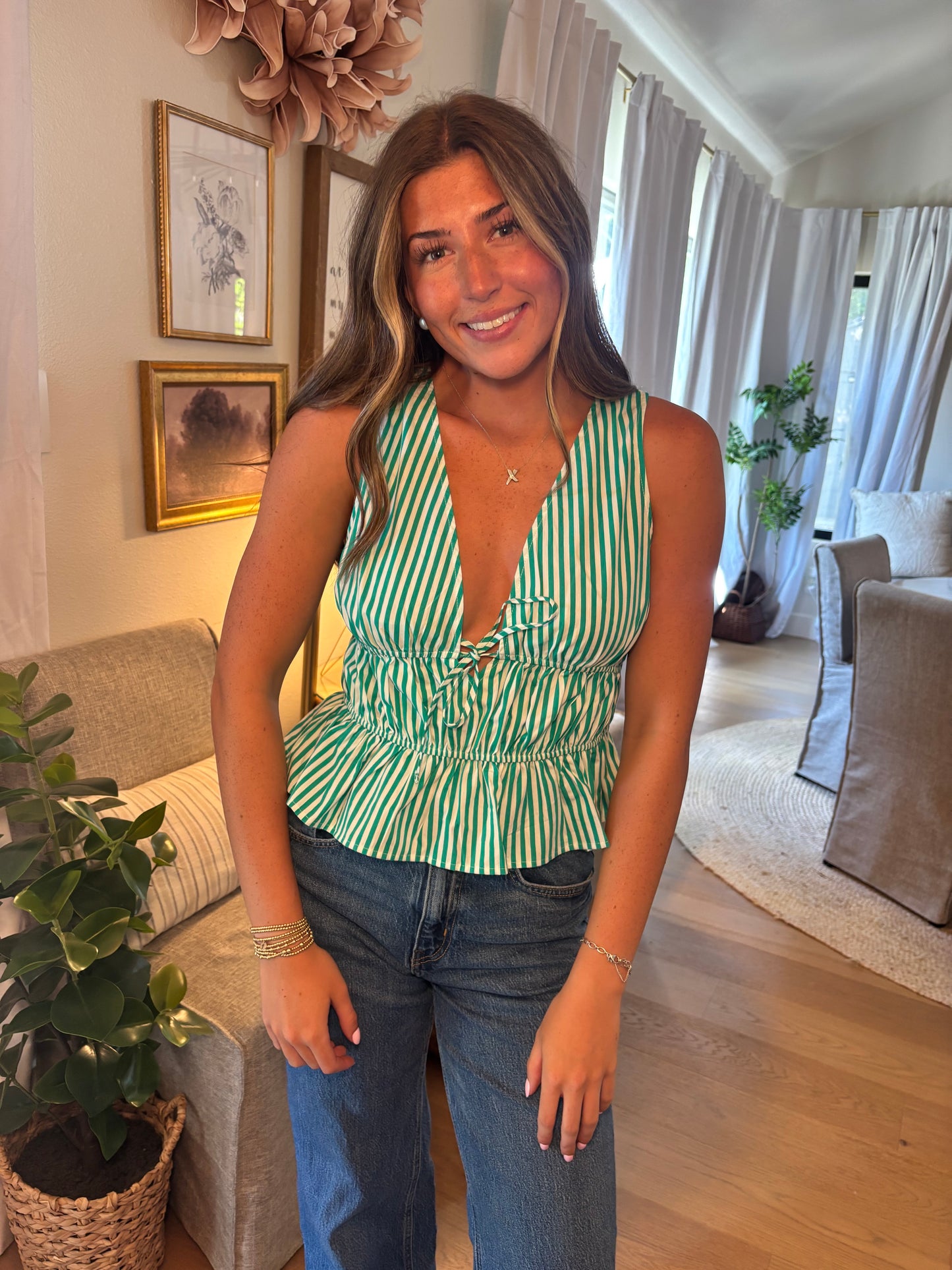 Striped Tie Front Peplum Sleeveless Top