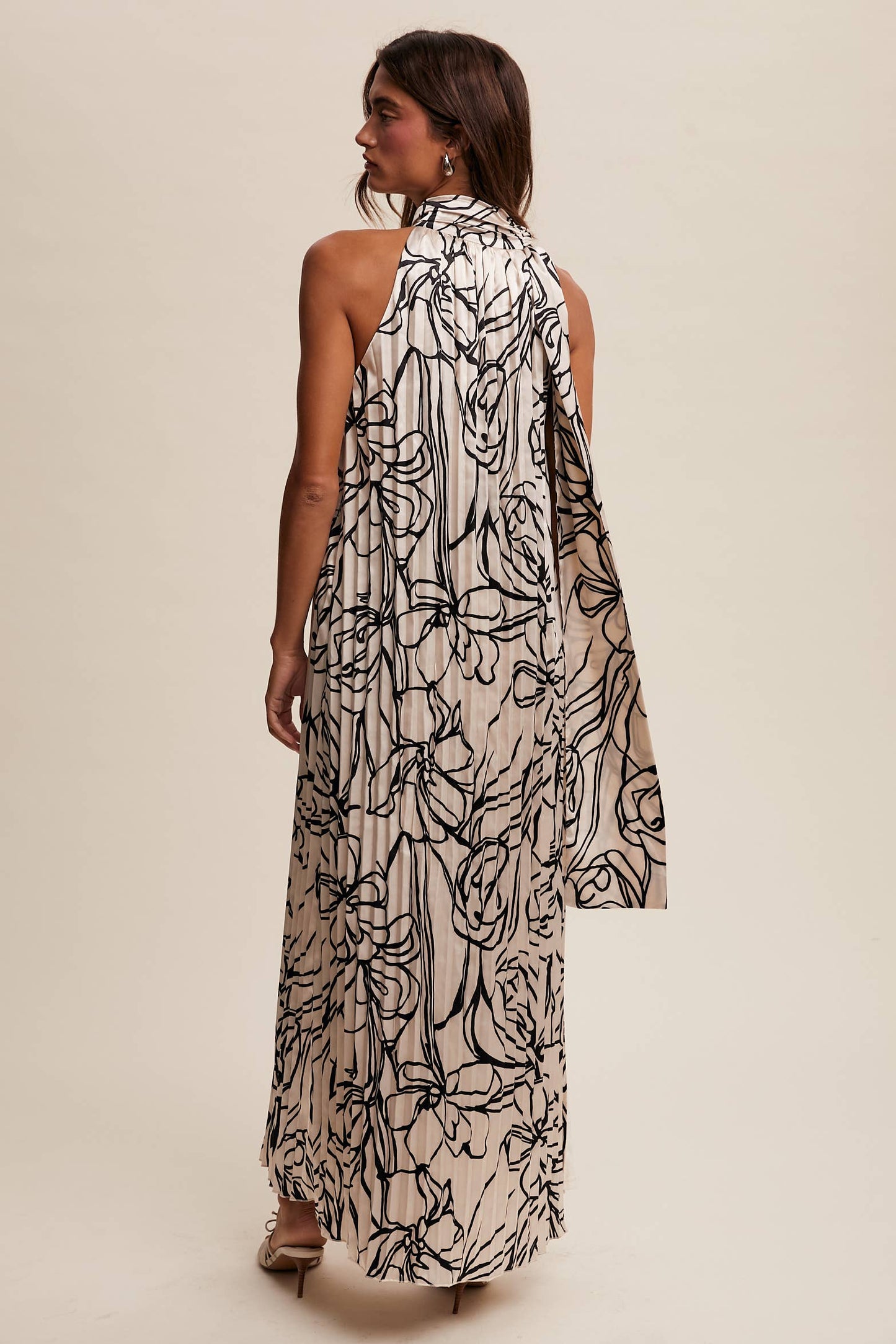 Pleated Floral Halter Satin Maxi Dress
