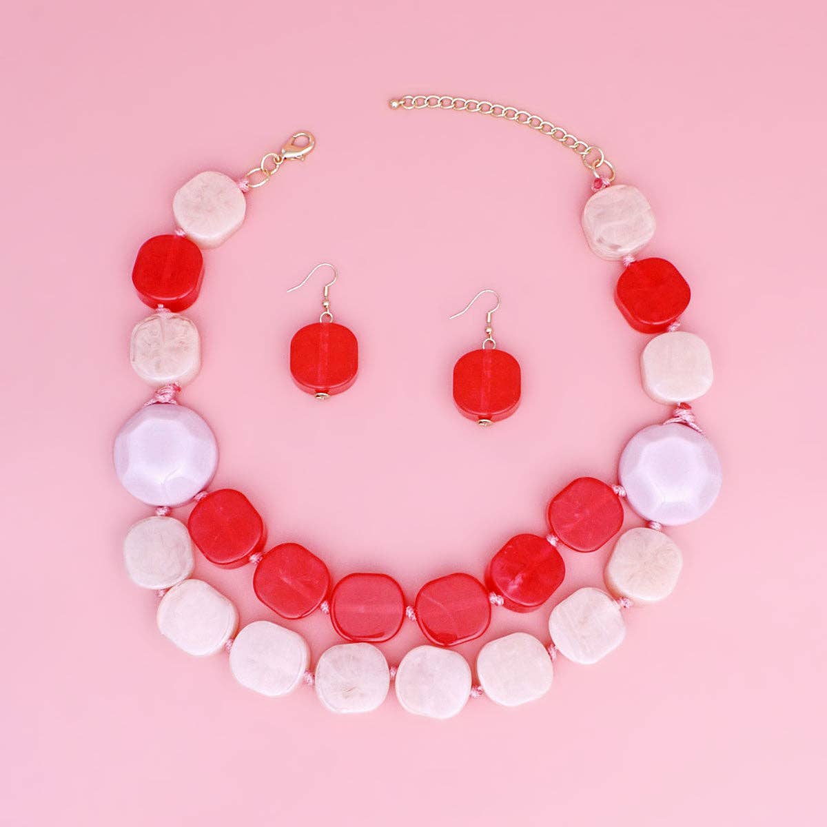 Bead Pink Marbled Geometric Chunky Necklace