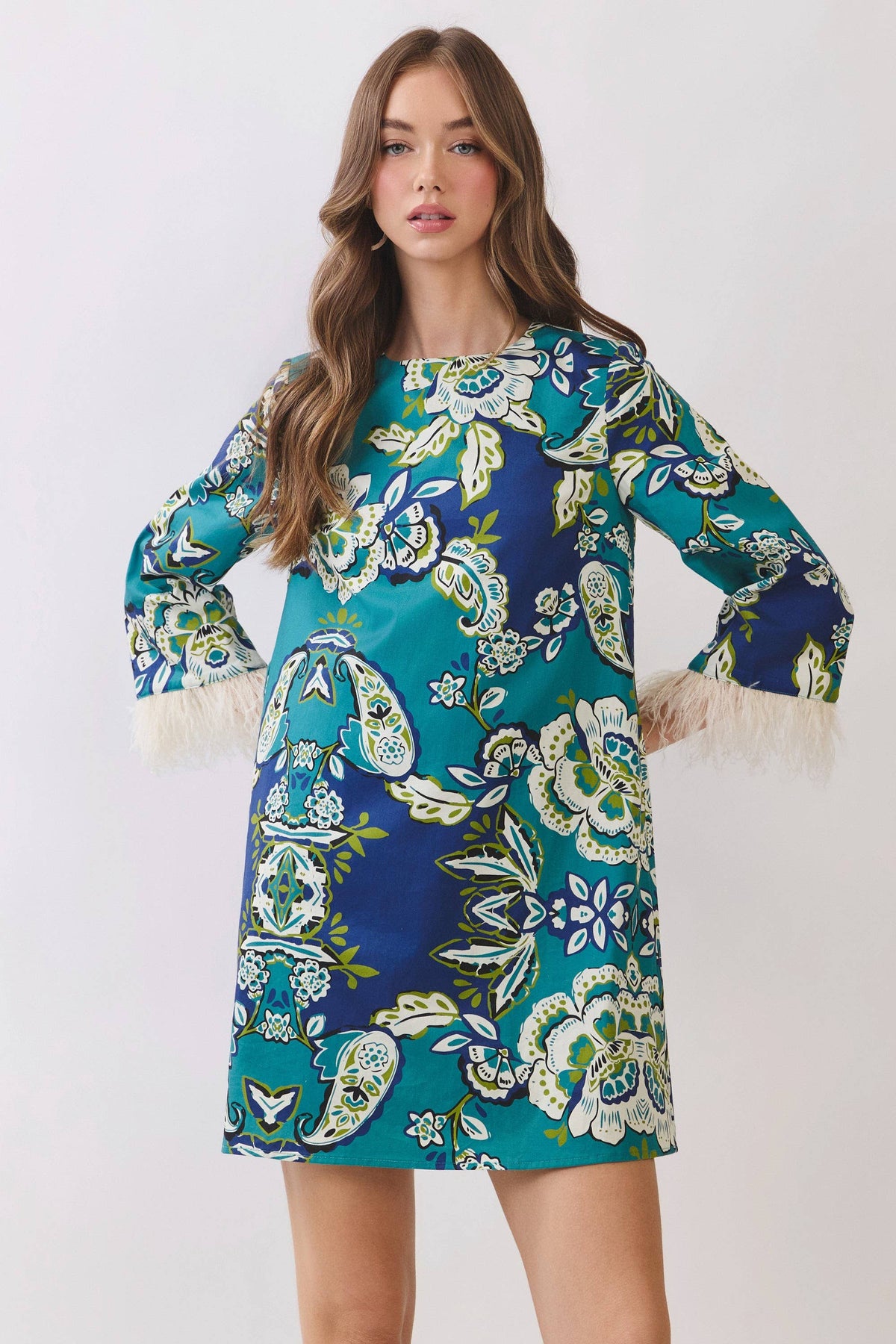 Feather Trim Mini Dress