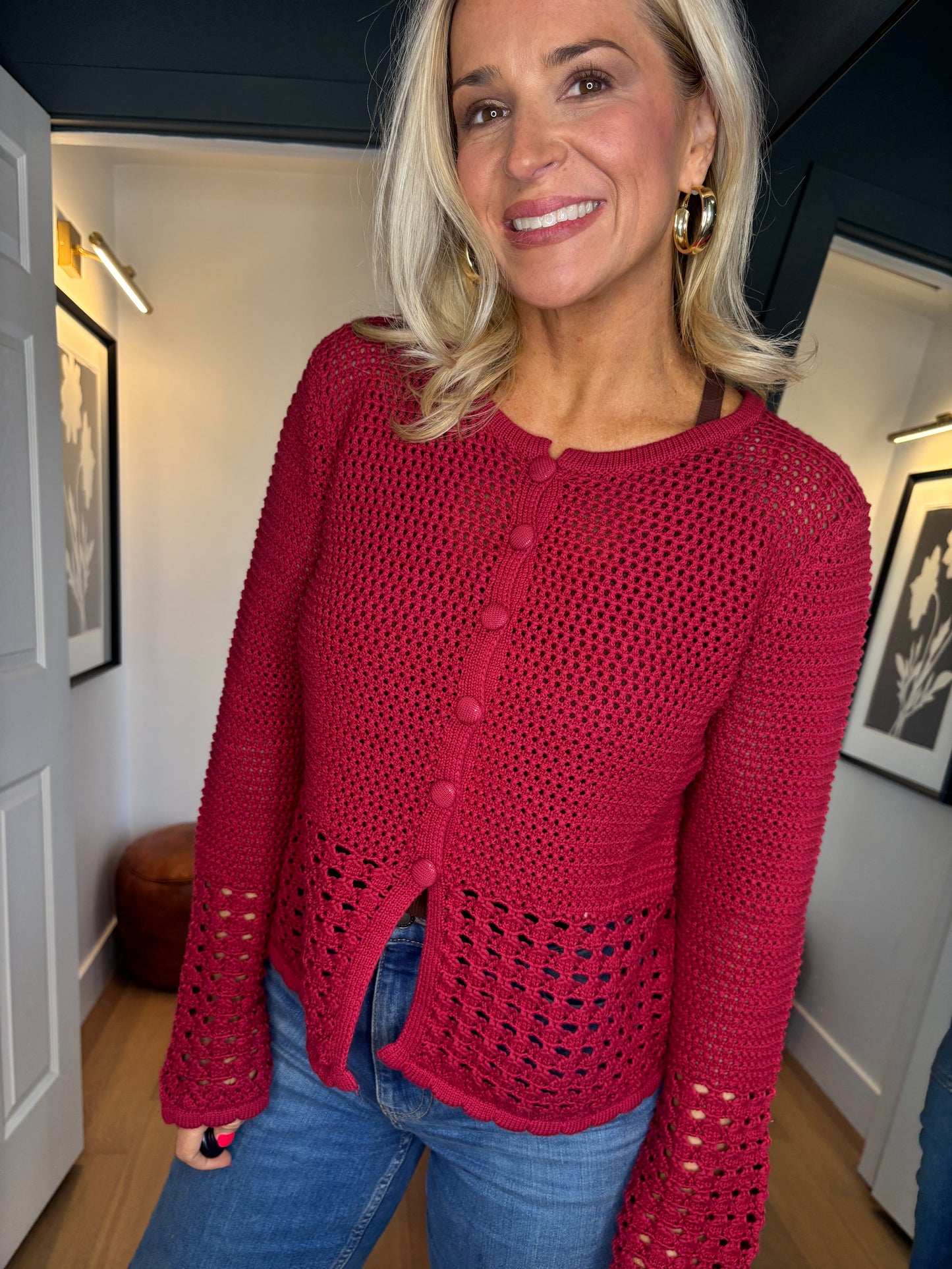 Crimson Crochet Cardigan- FINAL SALE