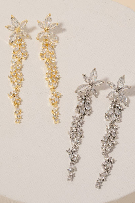 Cz Flower Chain Dangle Earrings