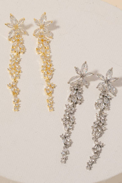 Cz Flower Chain Dangle Earrings