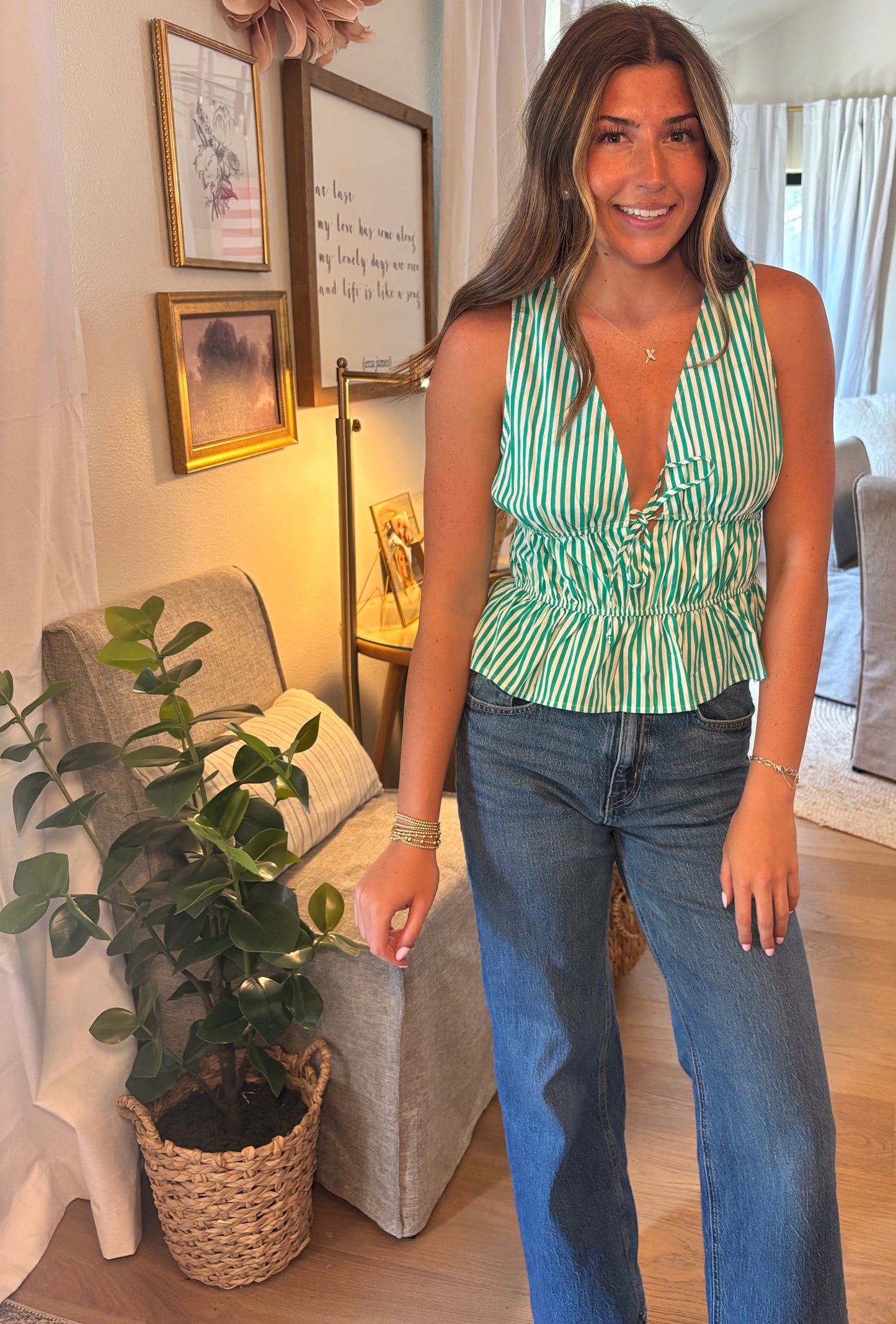 Striped Tie Front Peplum Sleeveless Top