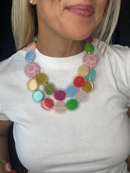 Bead Multicolor Marbled Geometric Chunky Necklace
