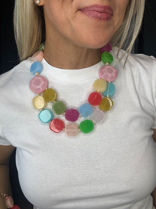 Bead Multicolor Marbled Geometric Chunky Necklace