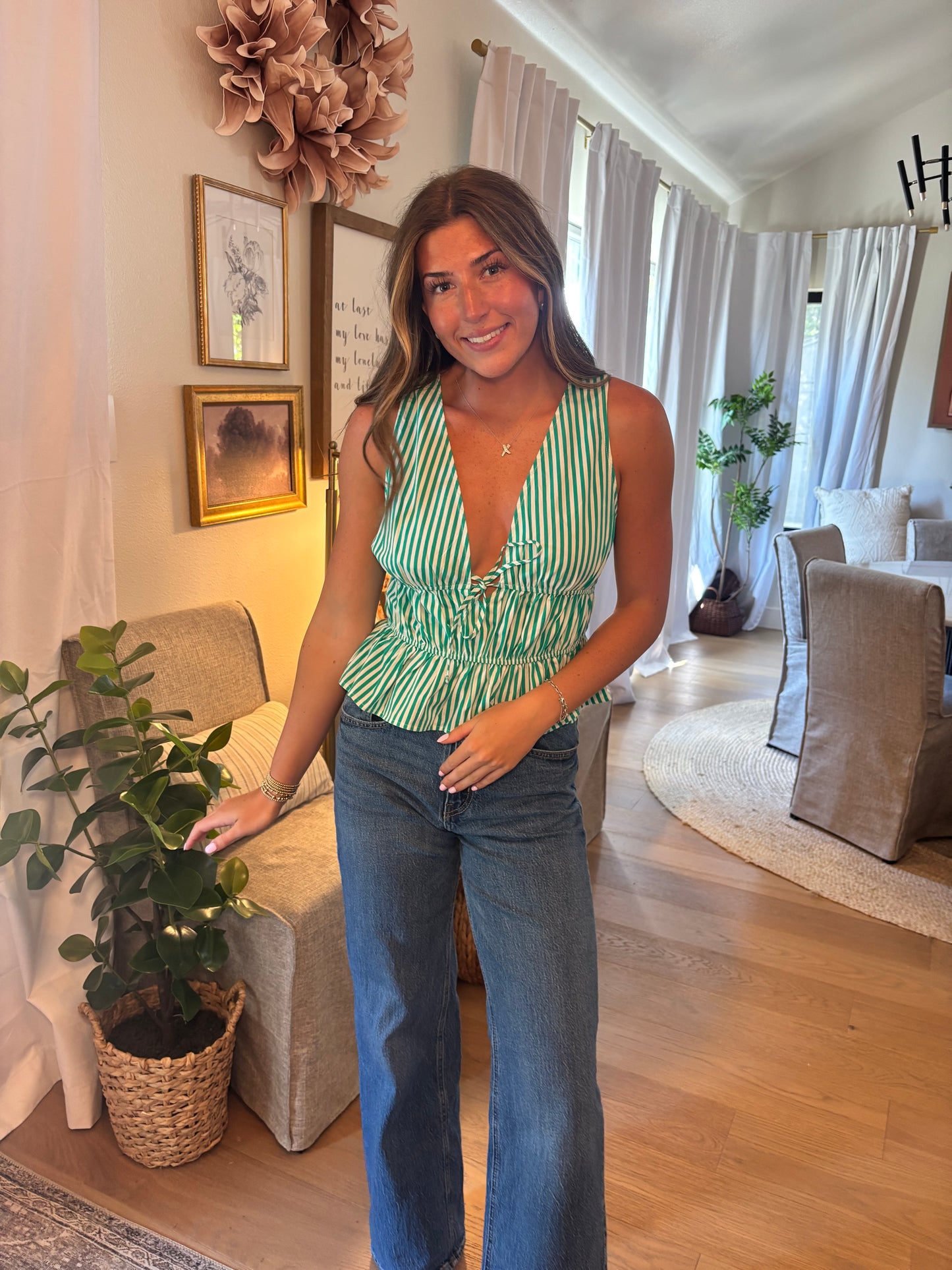 Striped Tie Front Peplum Sleeveless Top