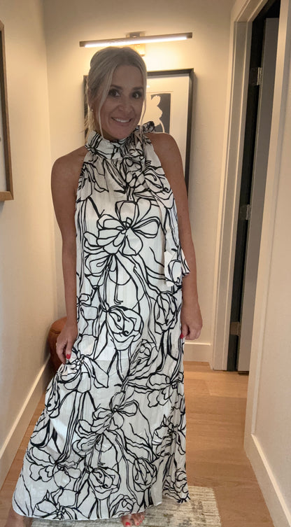 Pleated Floral Halter Satin Maxi Dress