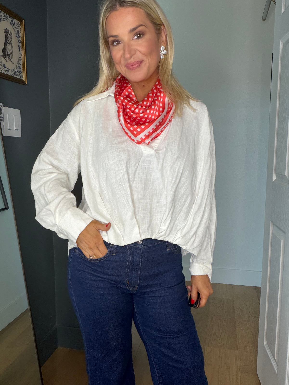 French Picnic Red Gingham Satin Silk Square Scarf