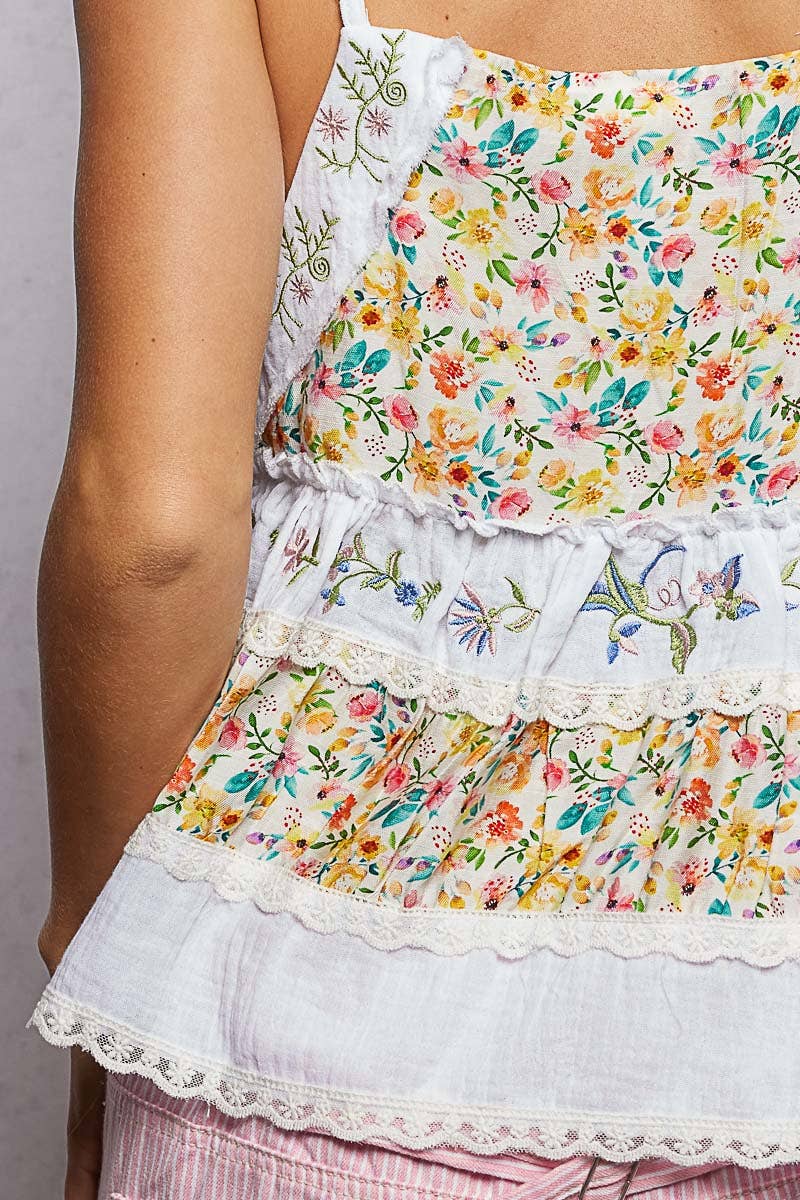 Floral patterned top with lace details on a plain background