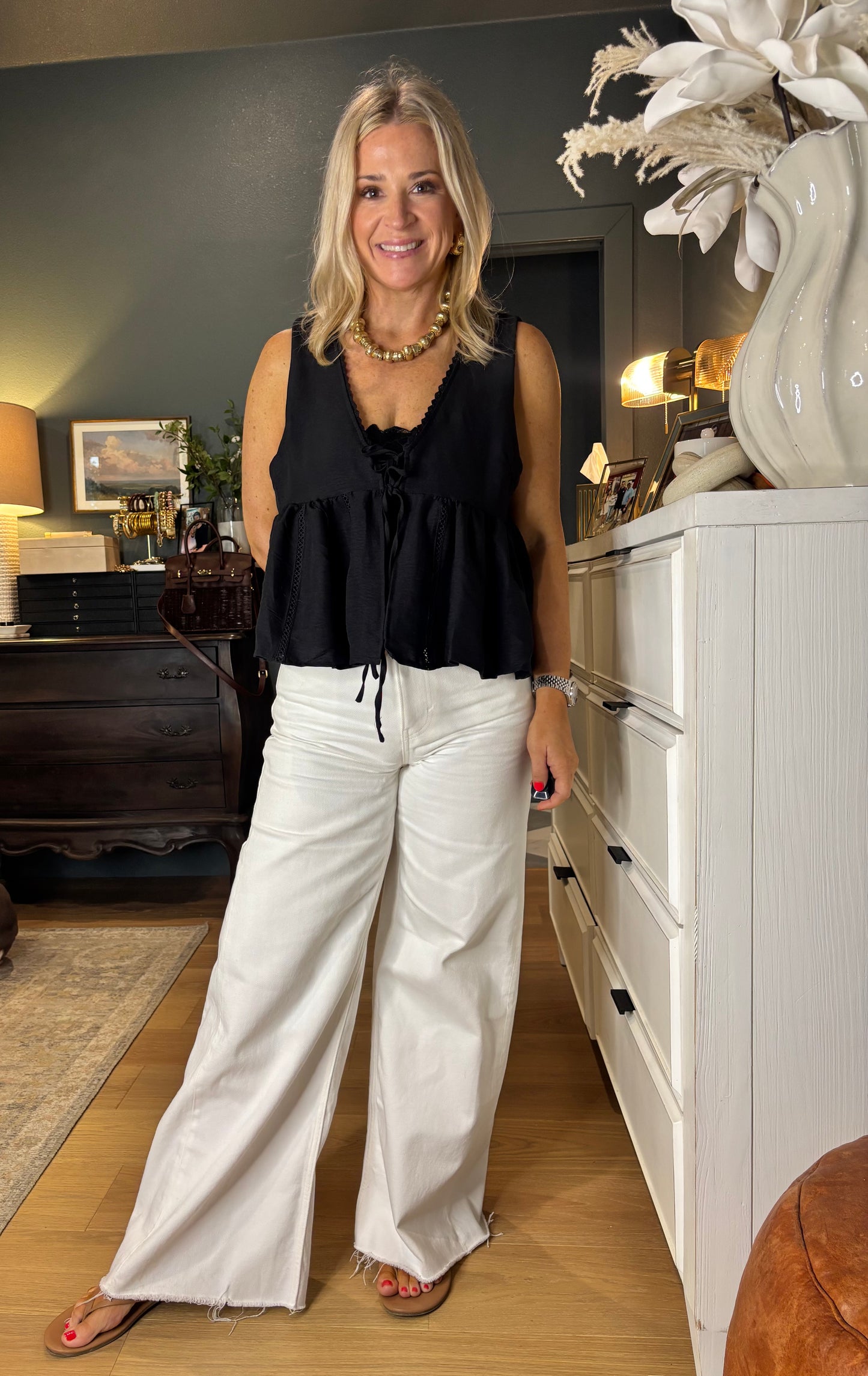Lace Trim Tie Front Top