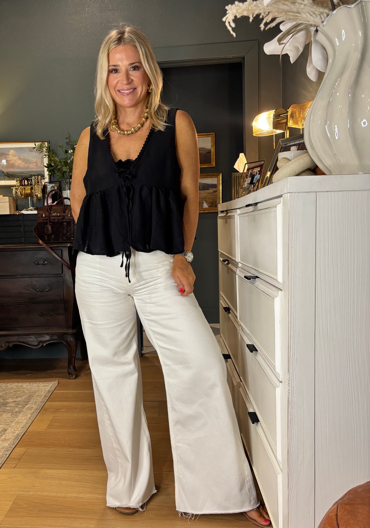 Lace Trim Tie Front Top