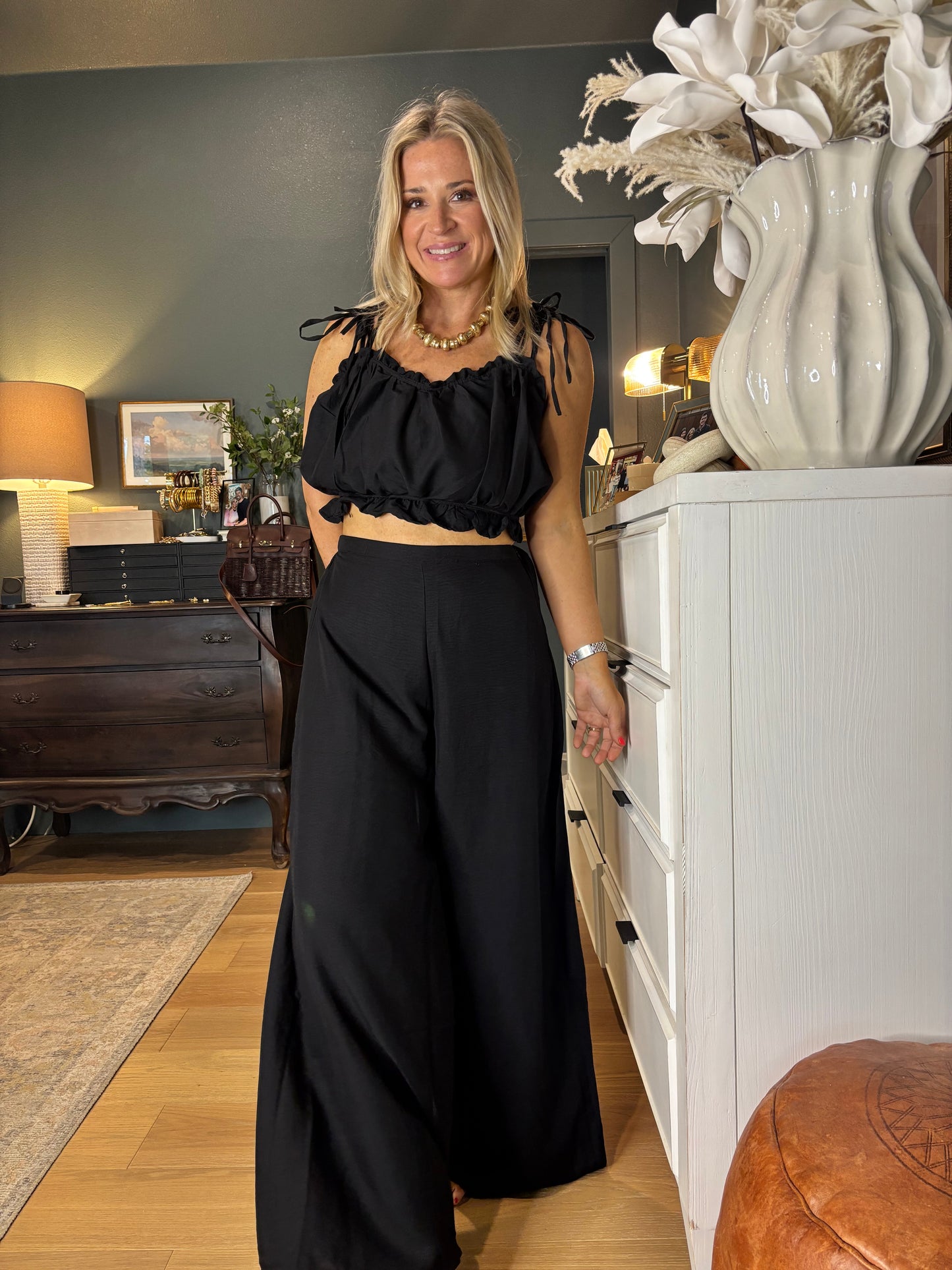 Ruffle Smocked Bust Top & Wide Pants