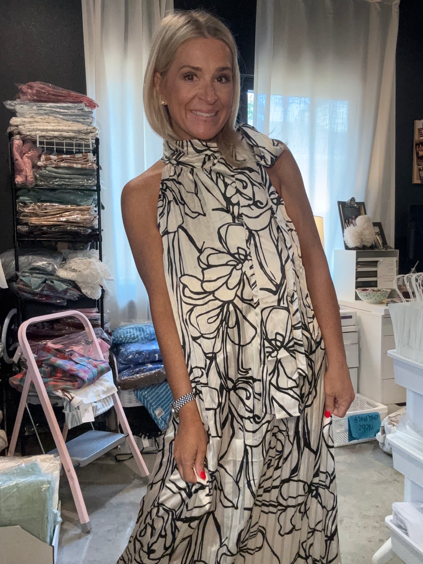 Pleated Floral Halter Satin Maxi Dress