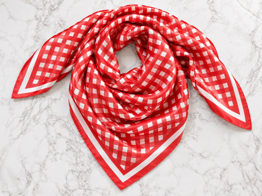French Picnic Red Gingham Satin Silk Square Scarf