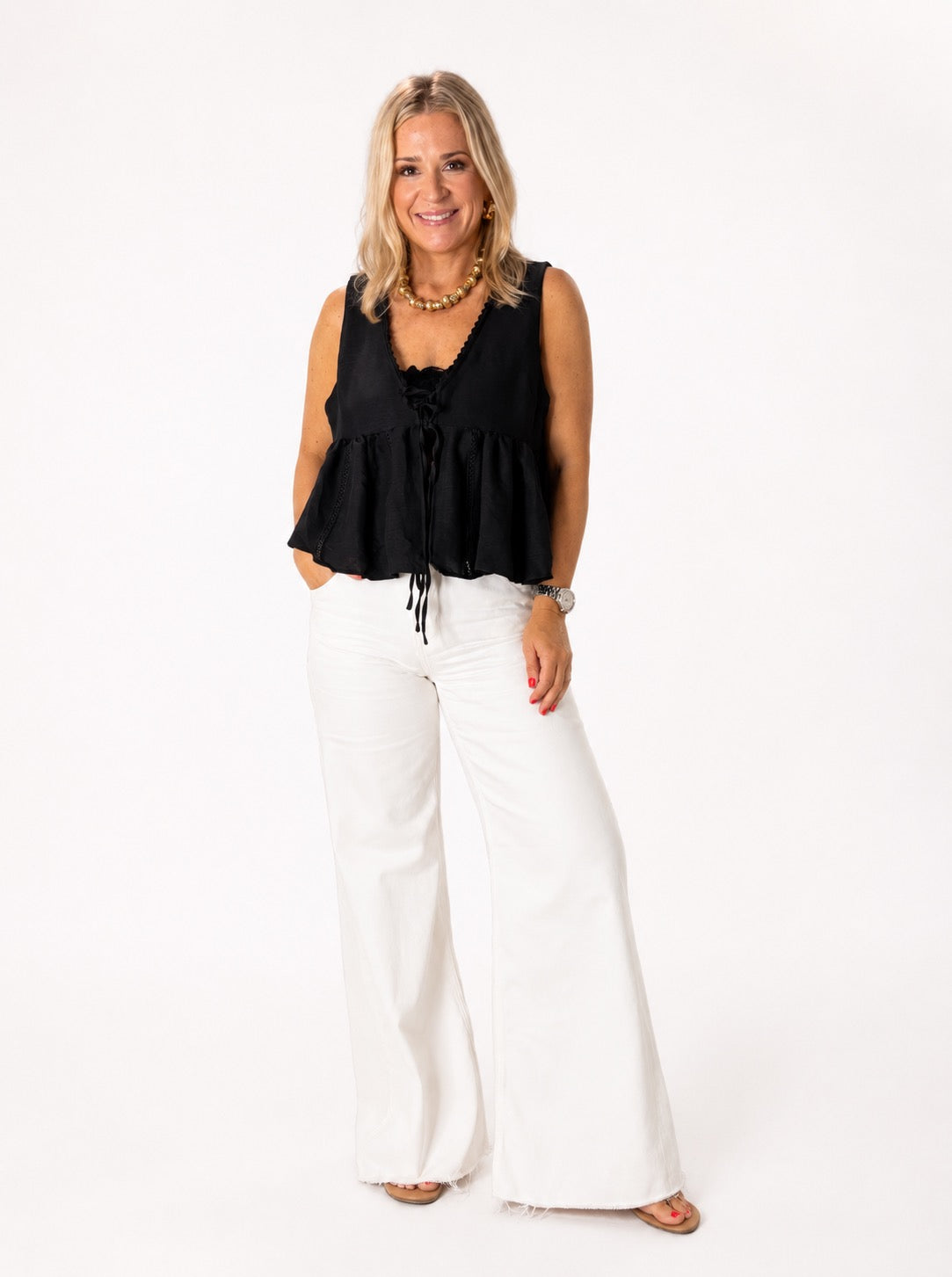 Lace Trim Tie Front Top