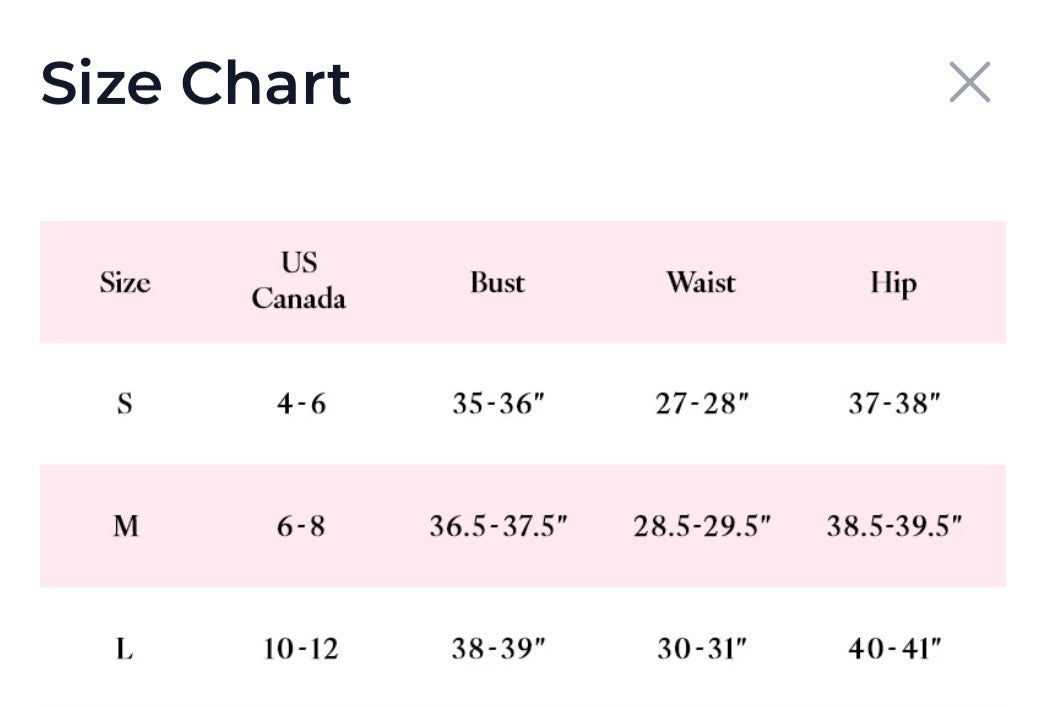 A size chart table with columns labeled Size, US Canada, Bust, Waist, and Hip. The chart lists sizes S through 2XL with corresponding measurements, set against a white background with pale pink rows.