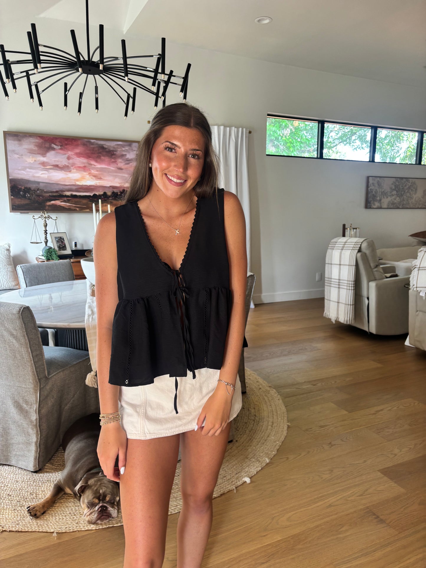 Lace Trim Tie Front Top