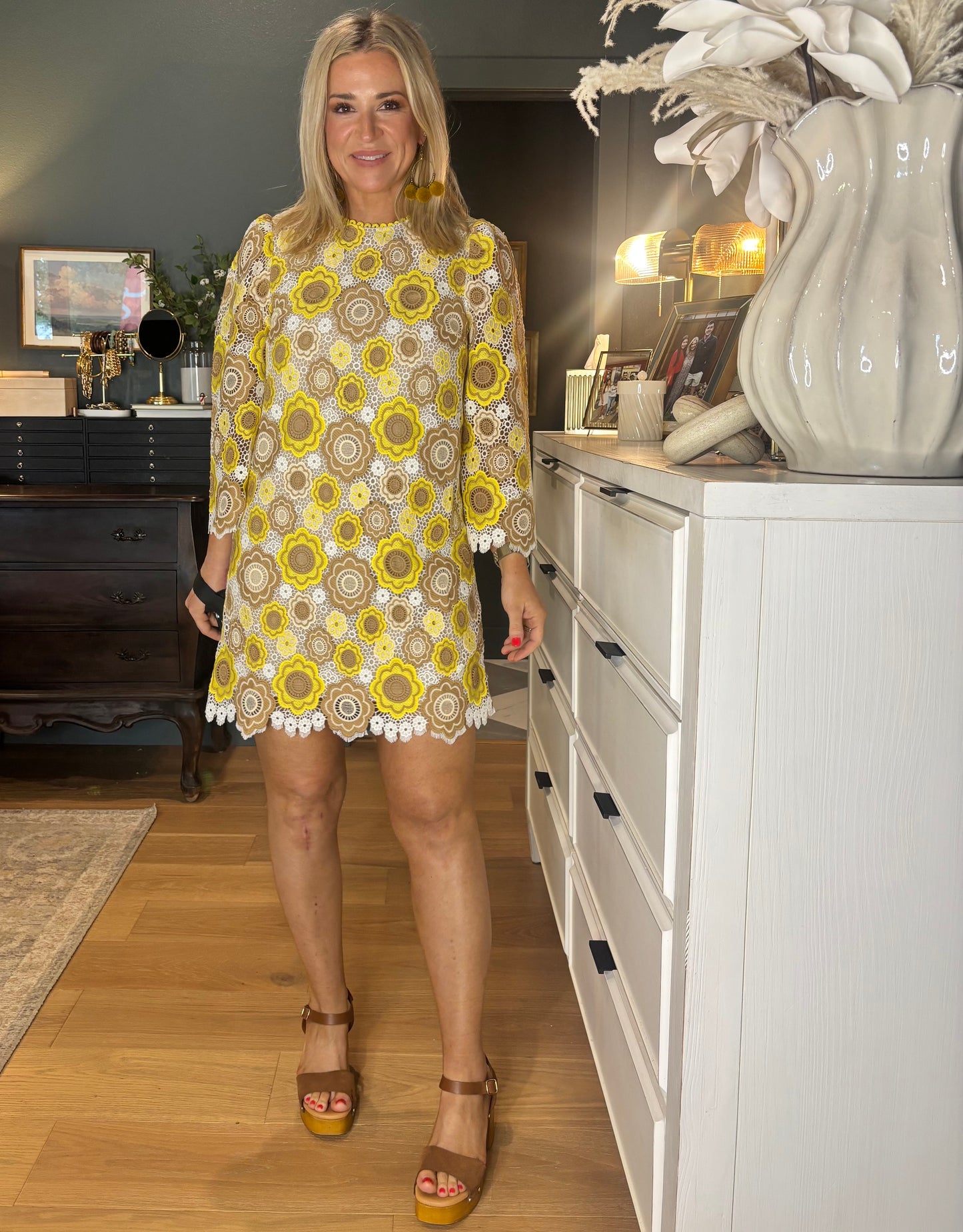 Woman wearing a patterned dress crochet mini dress