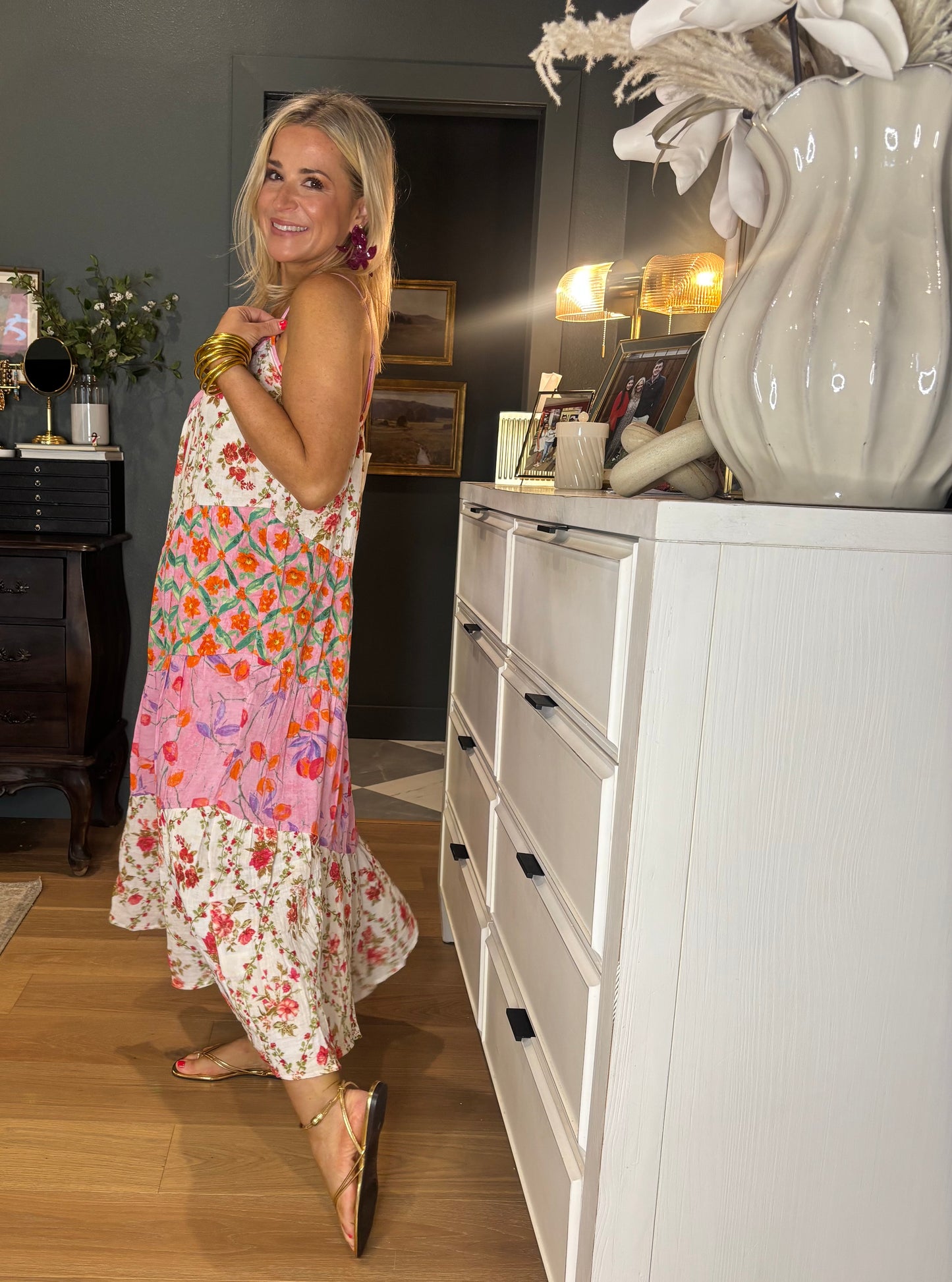Woman in a floral print midi dress 