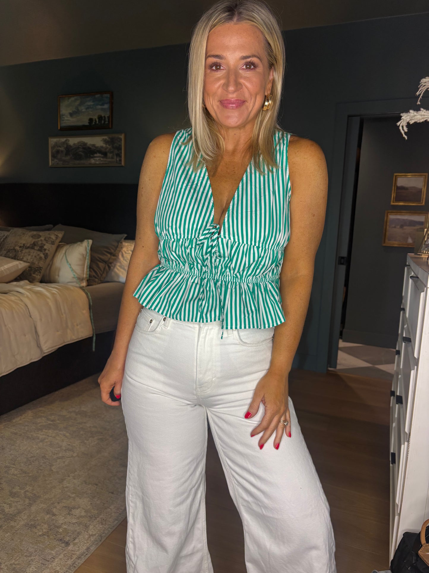 Striped Tie Front Peplum Sleeveless Top