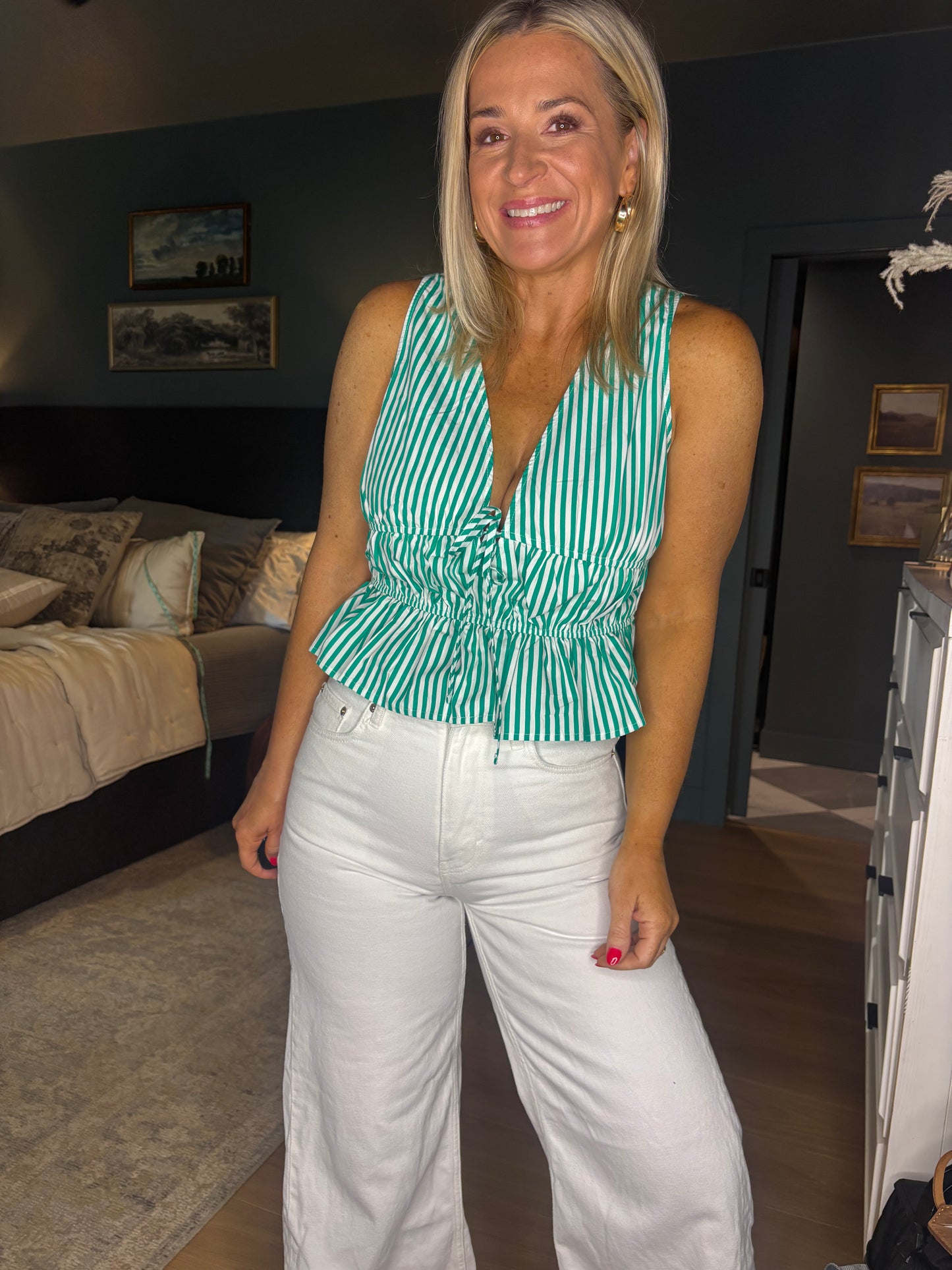 Striped Tie Front Peplum Sleeveless Top