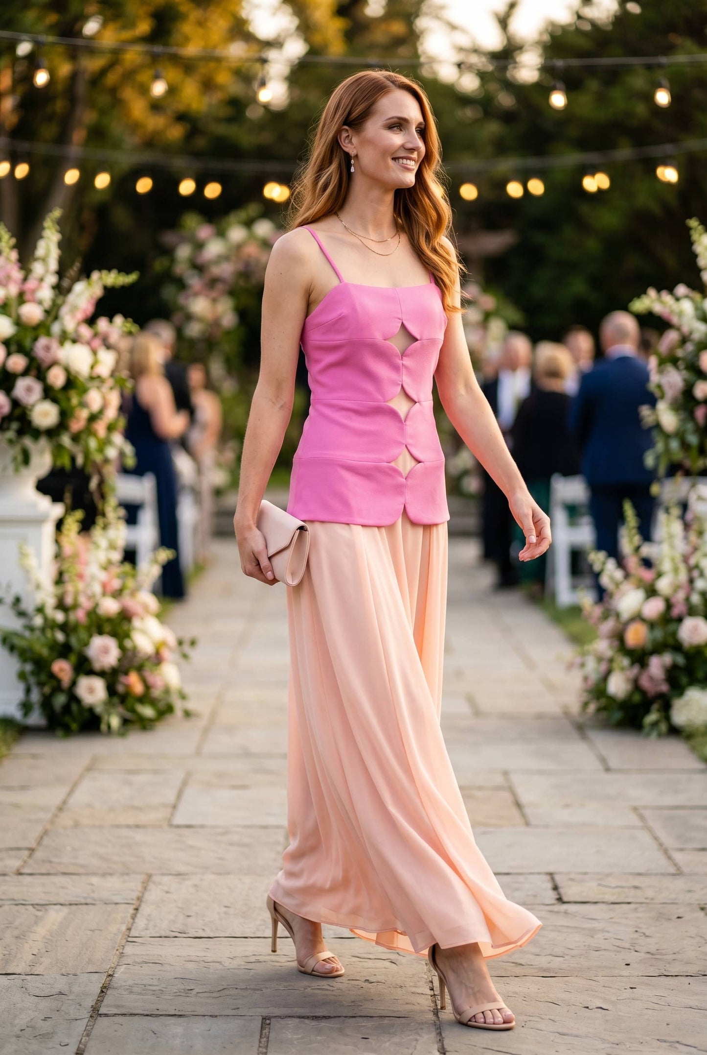 Woman in a pink top and peach skirt walking outdoors with floral decorations and people in the background.