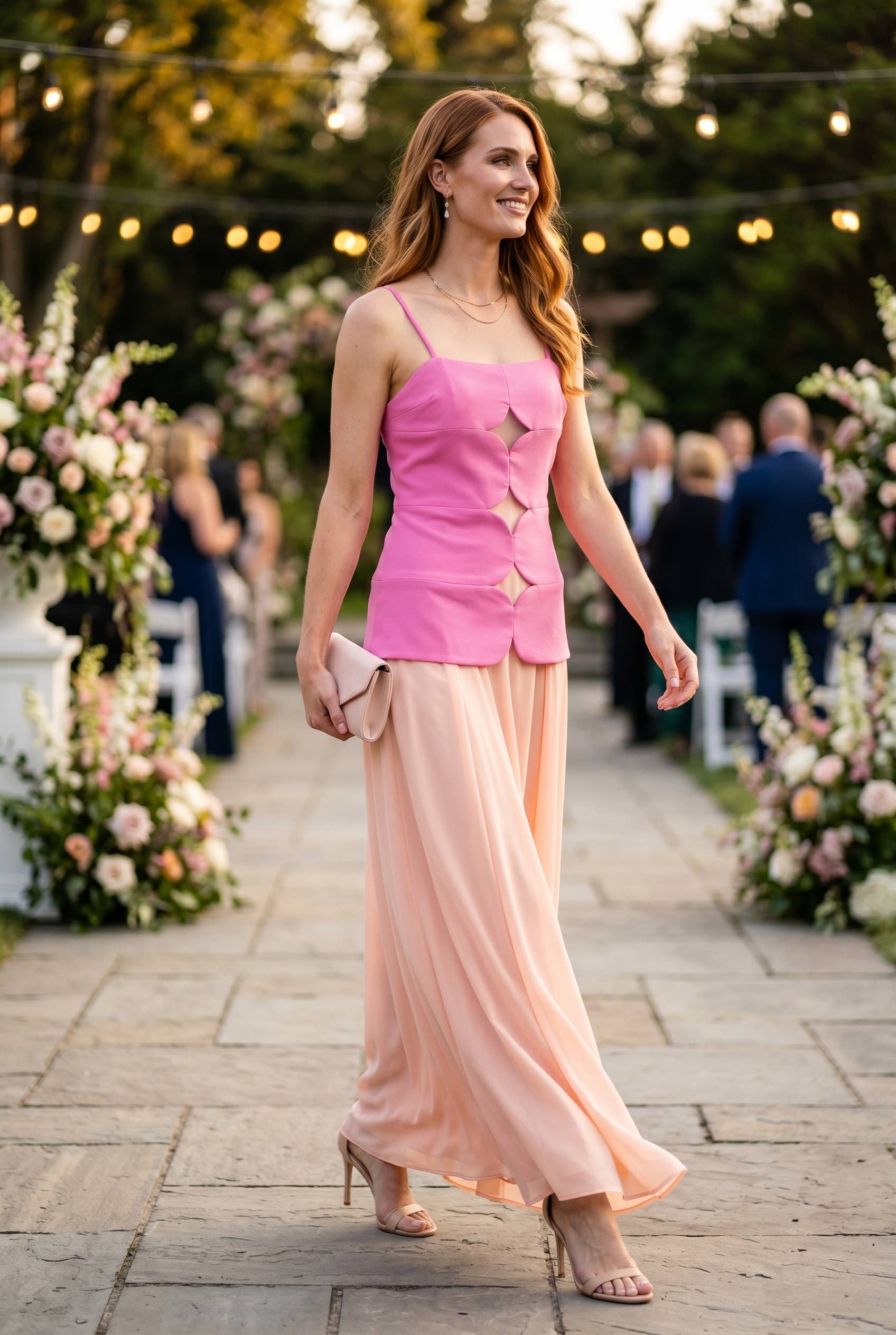Woman in a pink top and peach skirt walking outdoors with floral decorations and people in the background.