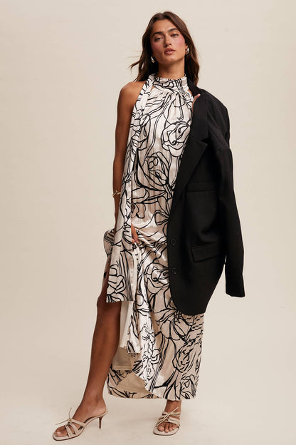 Pleated Floral Halter Satin Maxi Dress
