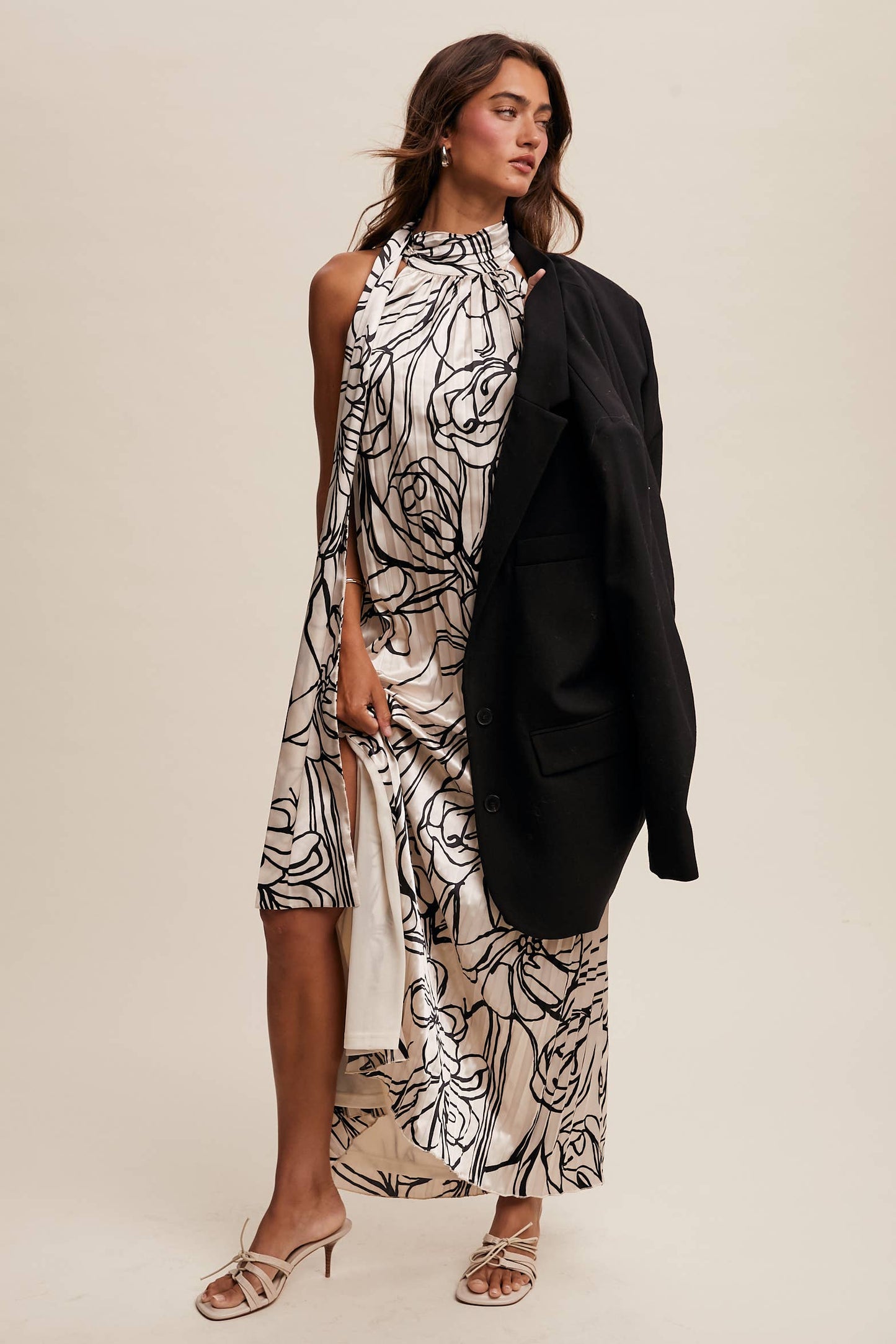 Pleated Floral Halter Satin Maxi Dress