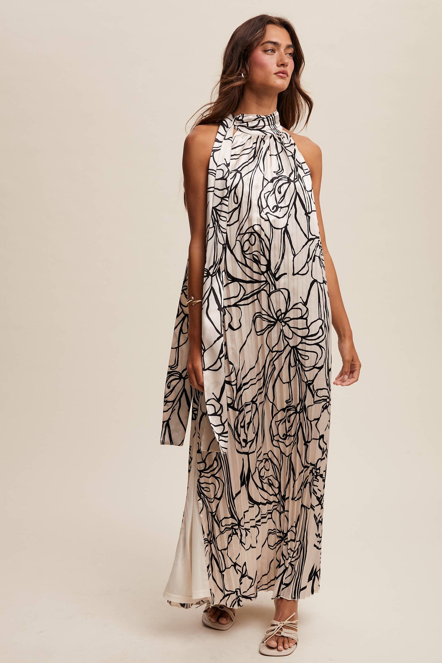 Pleated Floral Halter Satin Maxi Dress