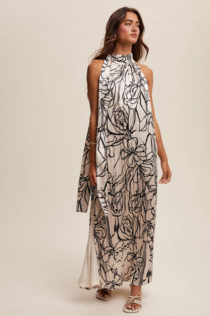 Pleated Floral Halter Satin Maxi Dress