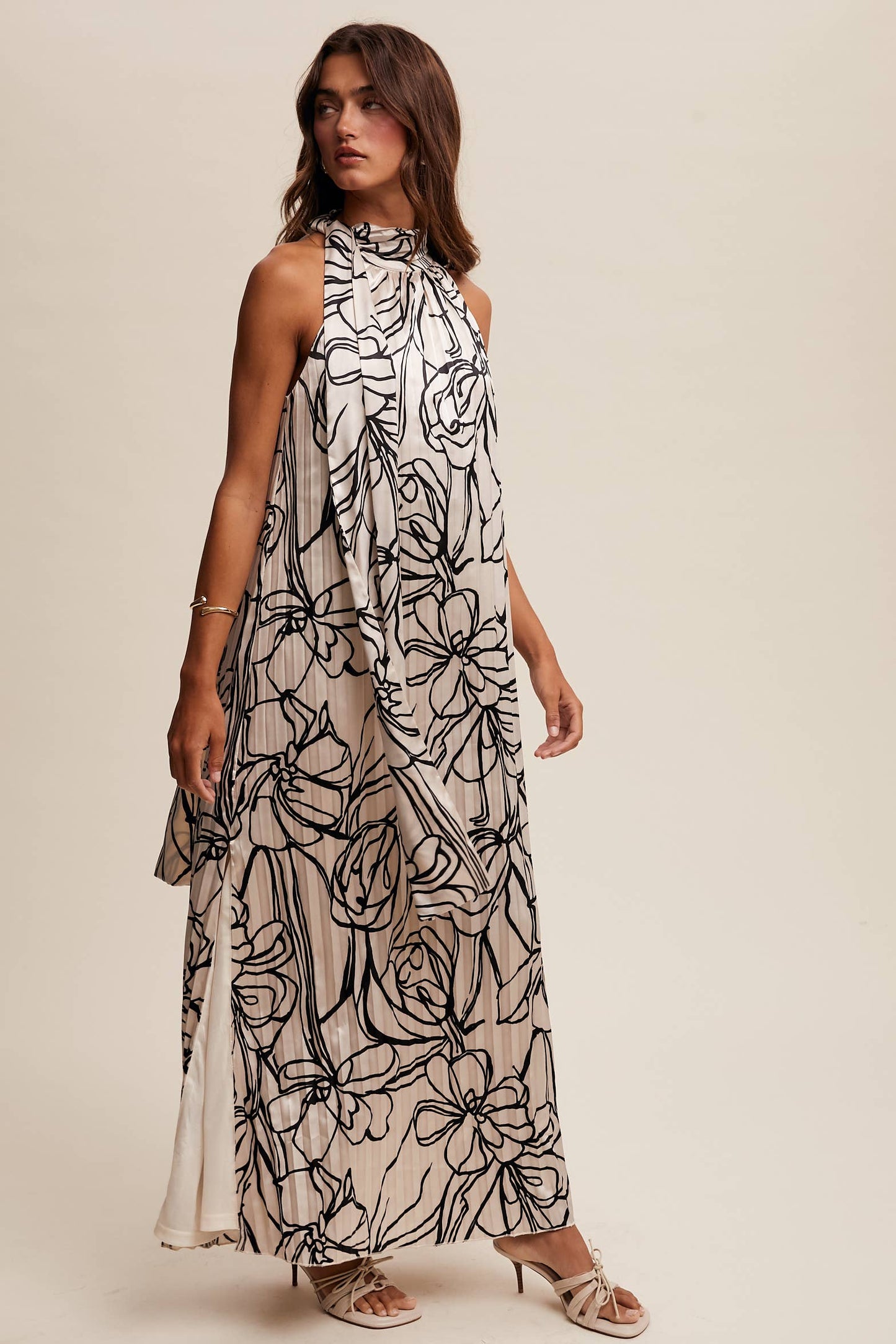 Pleated Floral Halter Satin Maxi Dress